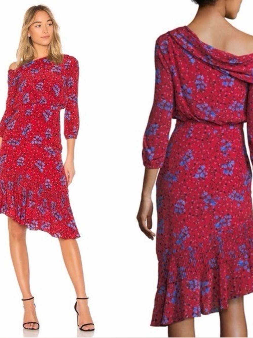 SALONI Lexie Silk Midi Dress in Scarlet Posey Floral , Off-the-Shoulder, Sz US 2
